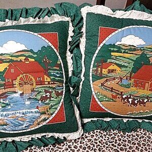 2 Scenic Watermill Farmhouse Stuffed Animals Accent Pillows Eyelet Trim - Patio